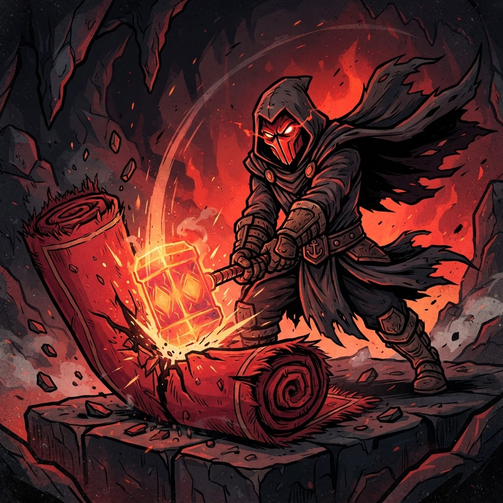 SOJ mascot smashing a giant rug with a hammer