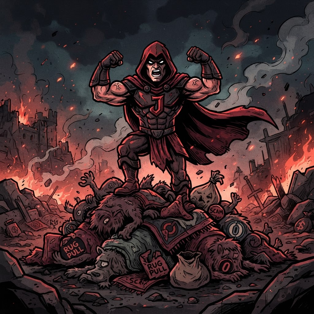 SOJ mascot flexing on defeated rug monsters