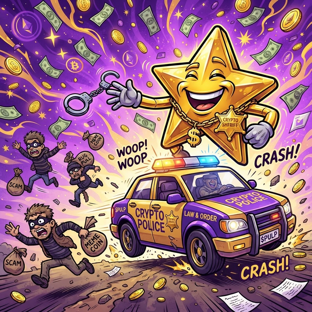 SOJ sheriff mascot throwing handcuffs at rug scammers from a police car