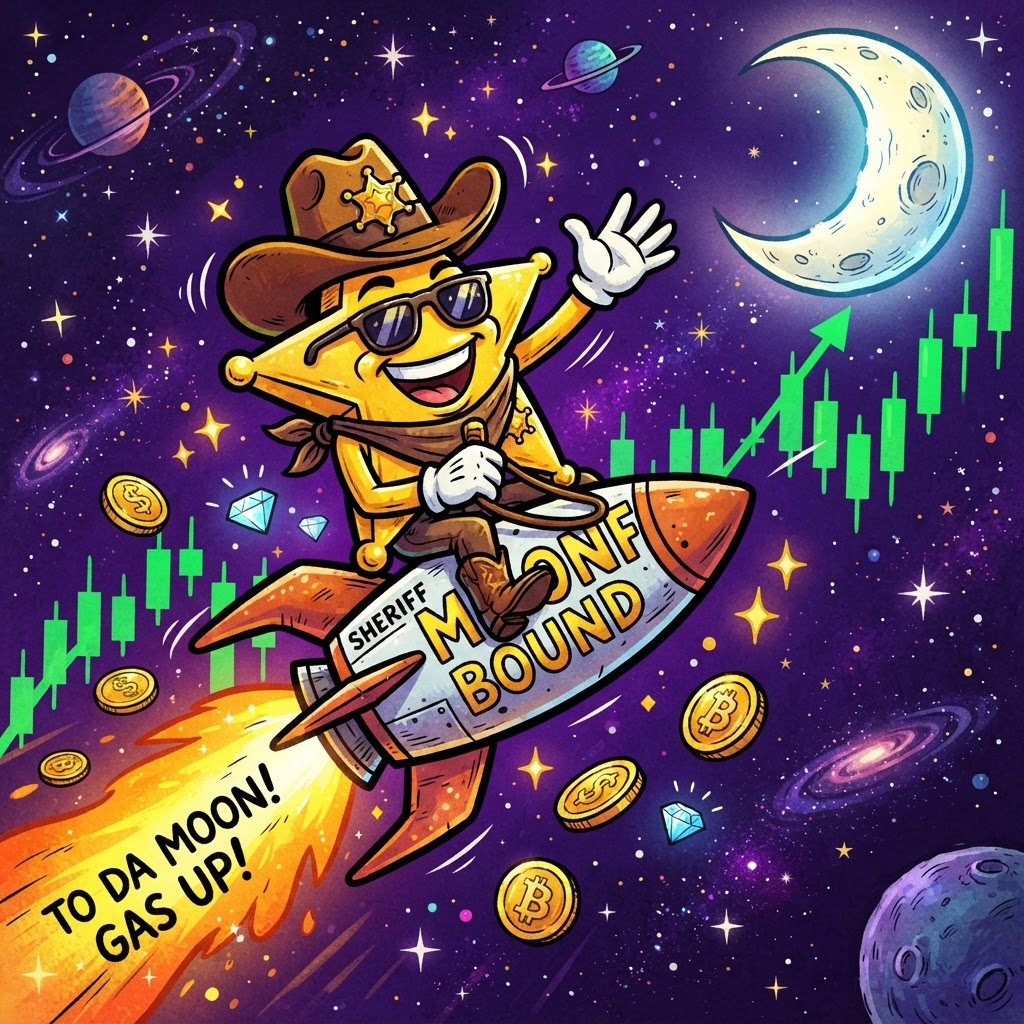SOJ mascot riding a rocket to the moon with a green chart pumping