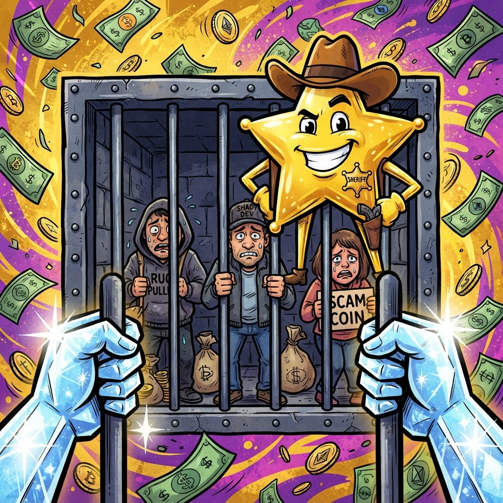 SOJ mascot locking up rug scammers behind bars